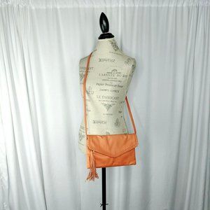 Hobo Orange Leather Envelope Crossbody Clutch Bag Purse Tassel